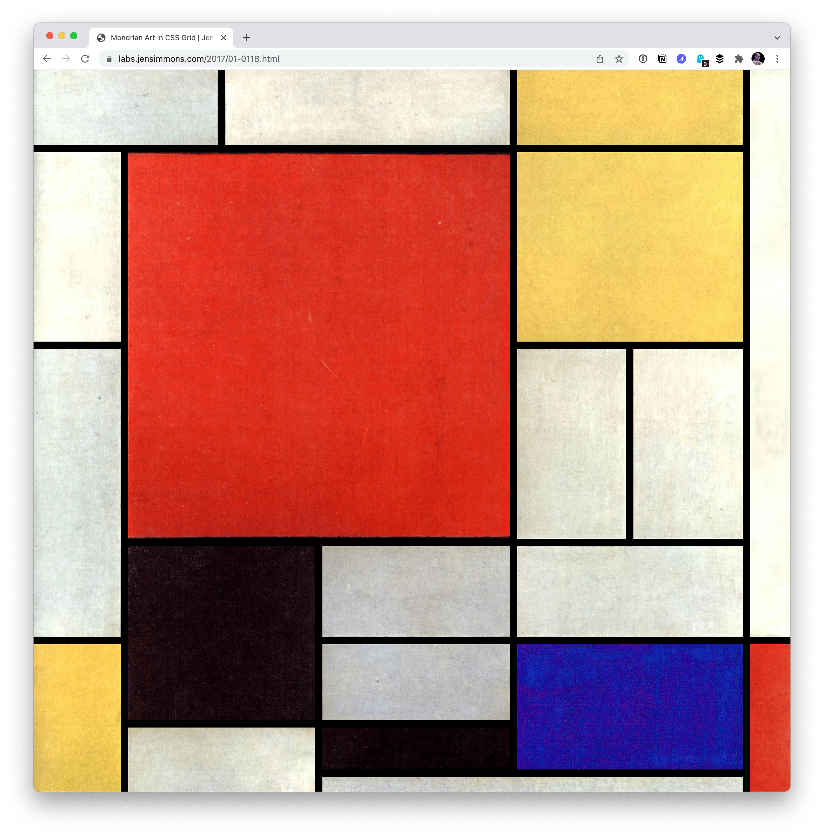 Mondrian Art in CSS Grid from Jen Simmons. Includes rough grungy texture across the entire piece.