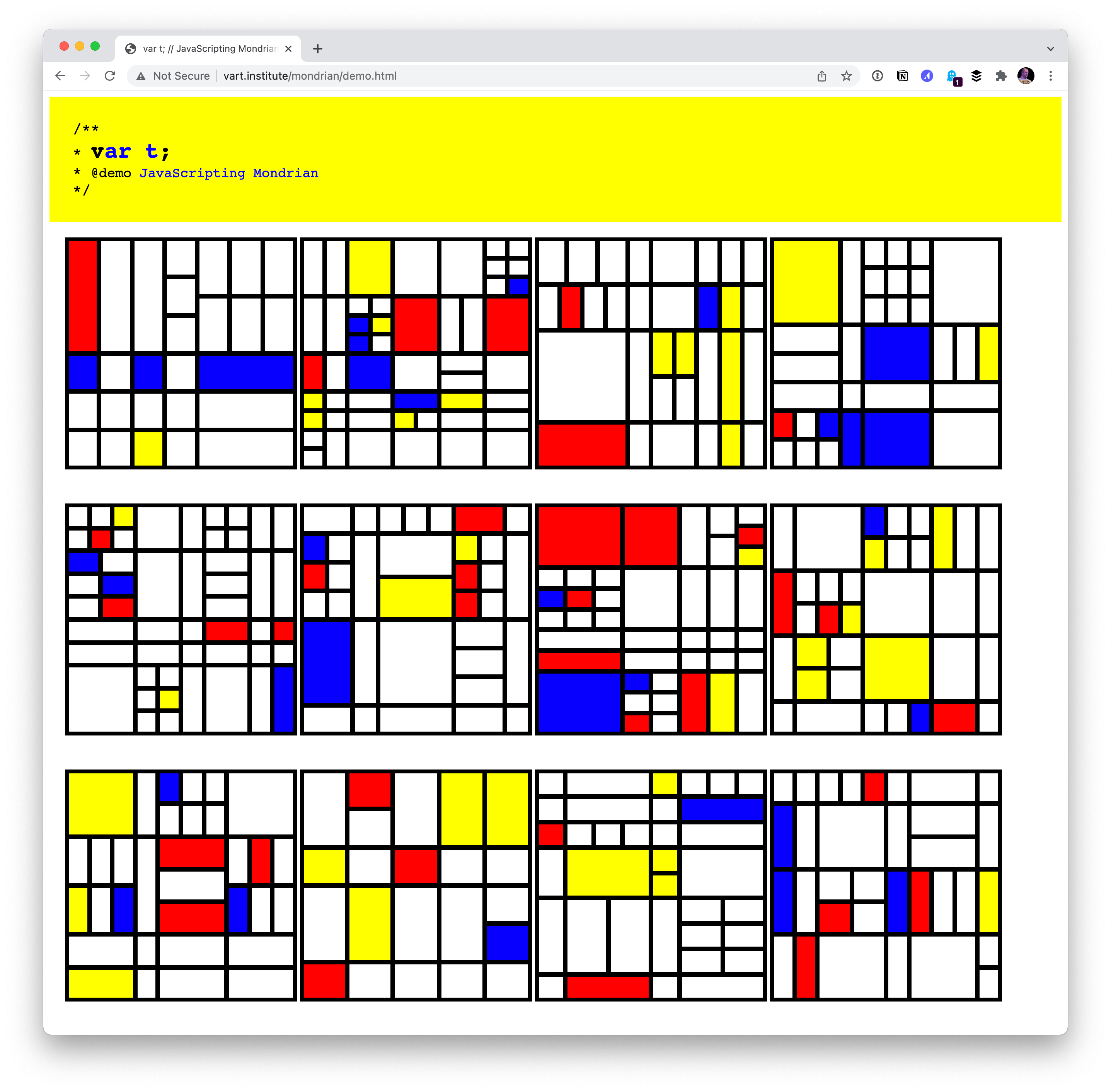 Mondrian Art in CSS randomized 12 times in a 4 by 3 grid of boxes. A bright yellow header is above the grid bearing the site title: var t.