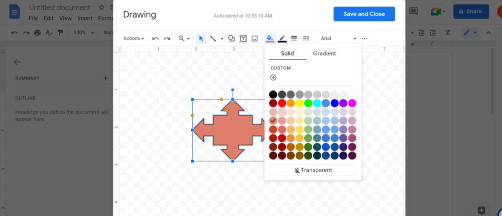 Screenshot of customizing a drawing in Google Docs.