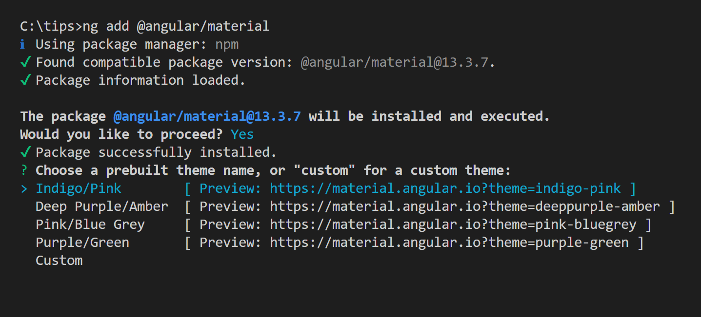 Screenshot of installing Angular Material and selecting a theme.