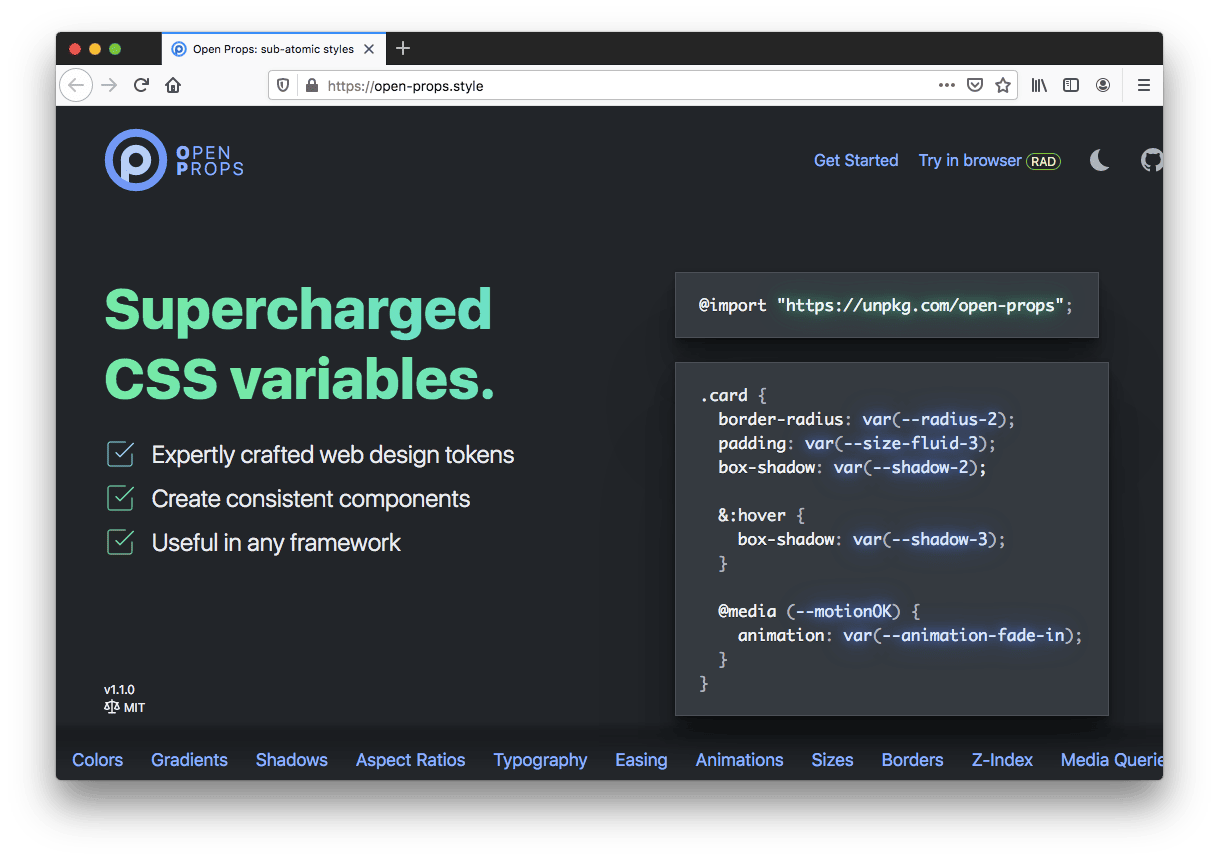 Screenshot of the Open Props homepage which outlines three things that make it a useful front-end tool, including design tokens, consistent components, and useful in any framework.