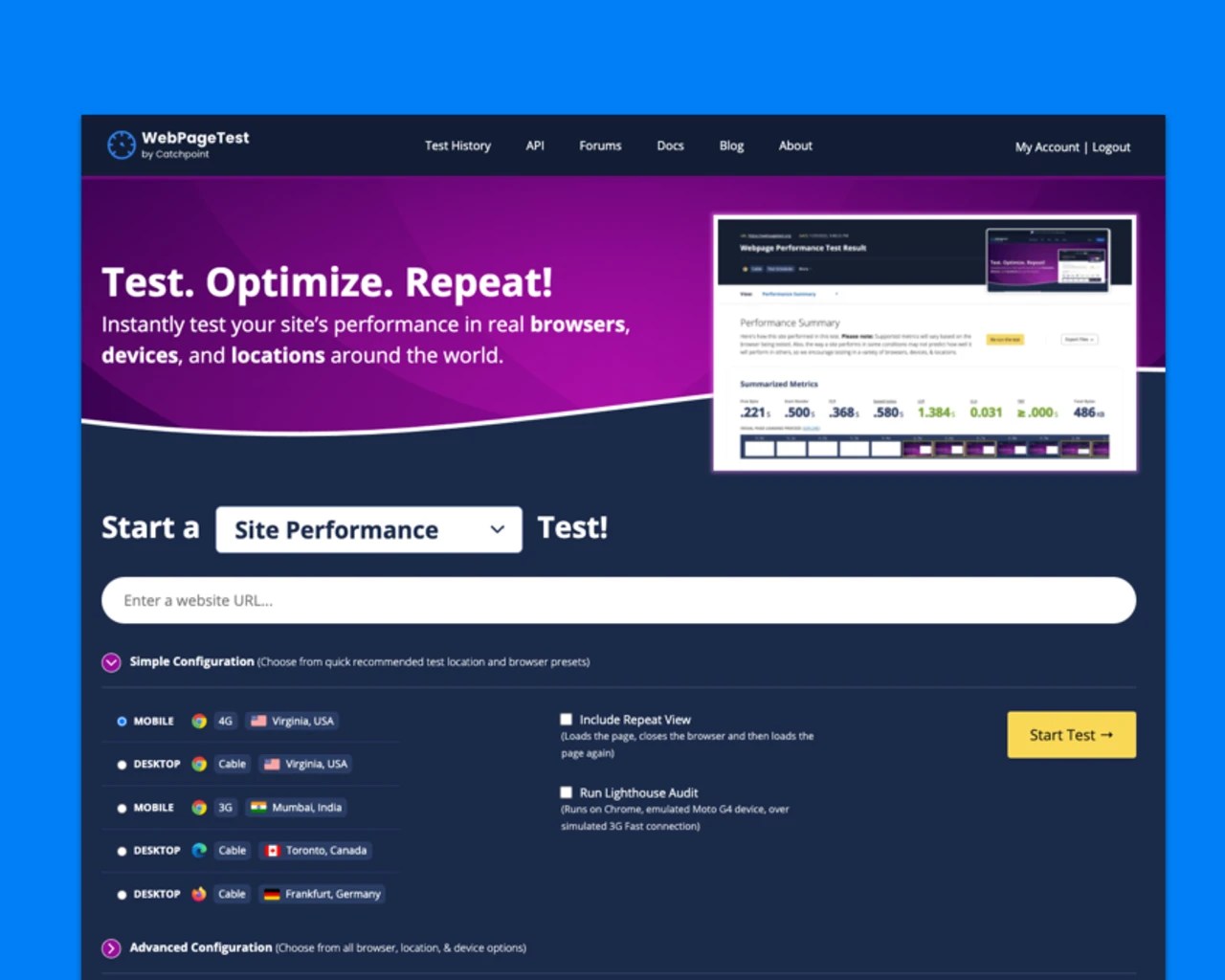 Screenshot of the new WebPageTest homepage, a tool for testing performance metrics.