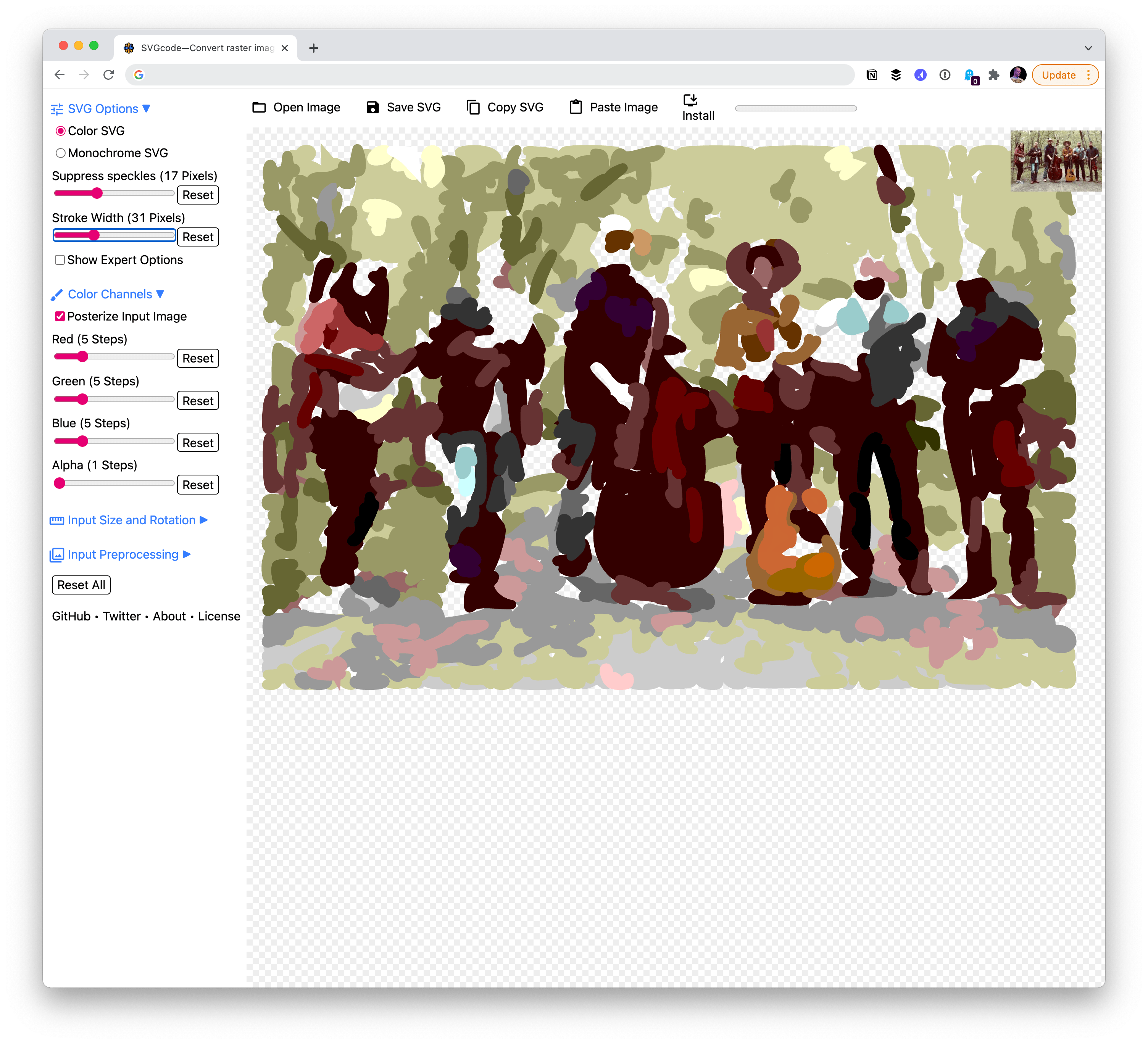 Showing the Image Trace effect previewed in SVGcode.