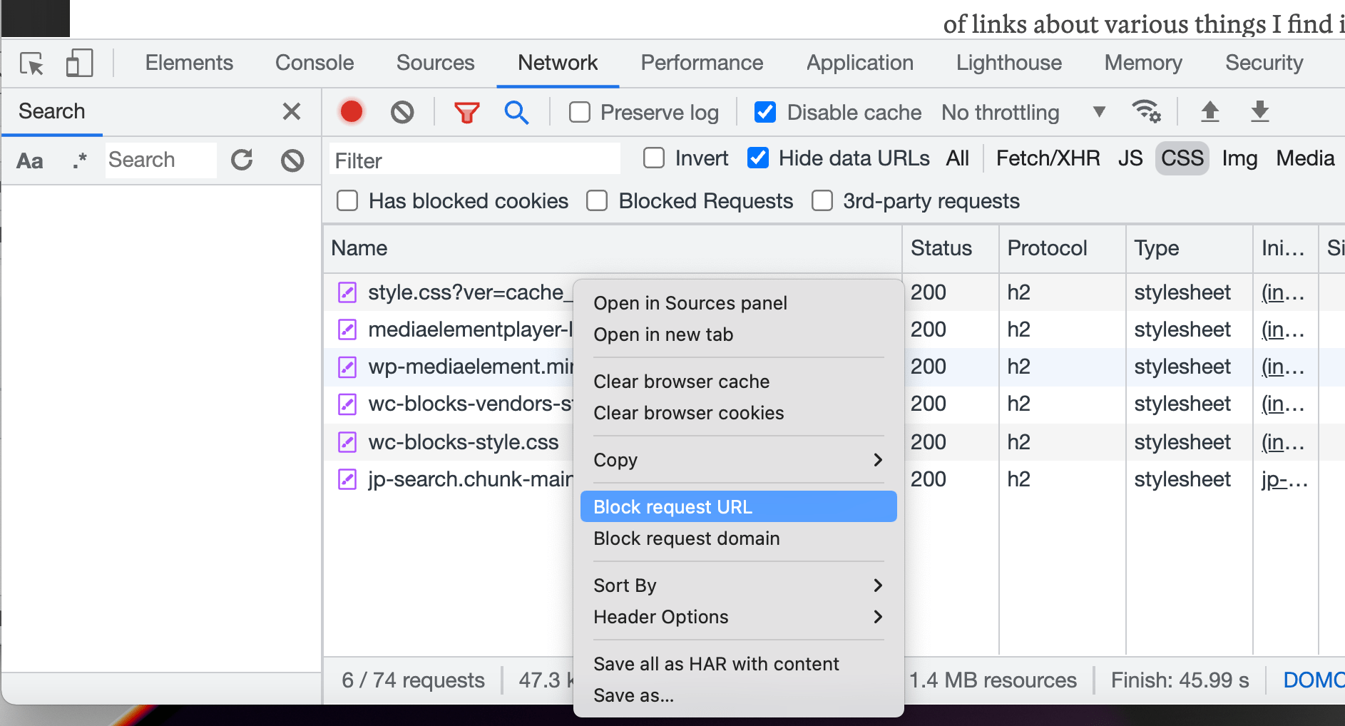 DevTools window screenshot with the Network panel open and the select menu open on a listed stylsheet with the option to block the request URL highlighted in bright blue.