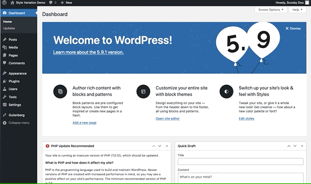 Animated GIF showing the theme variations in WordPress.