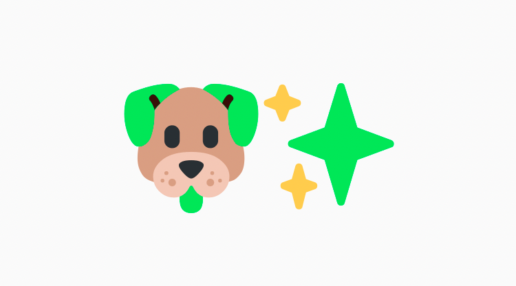 Brown illustrated cartoon dog with green ears and tongue.