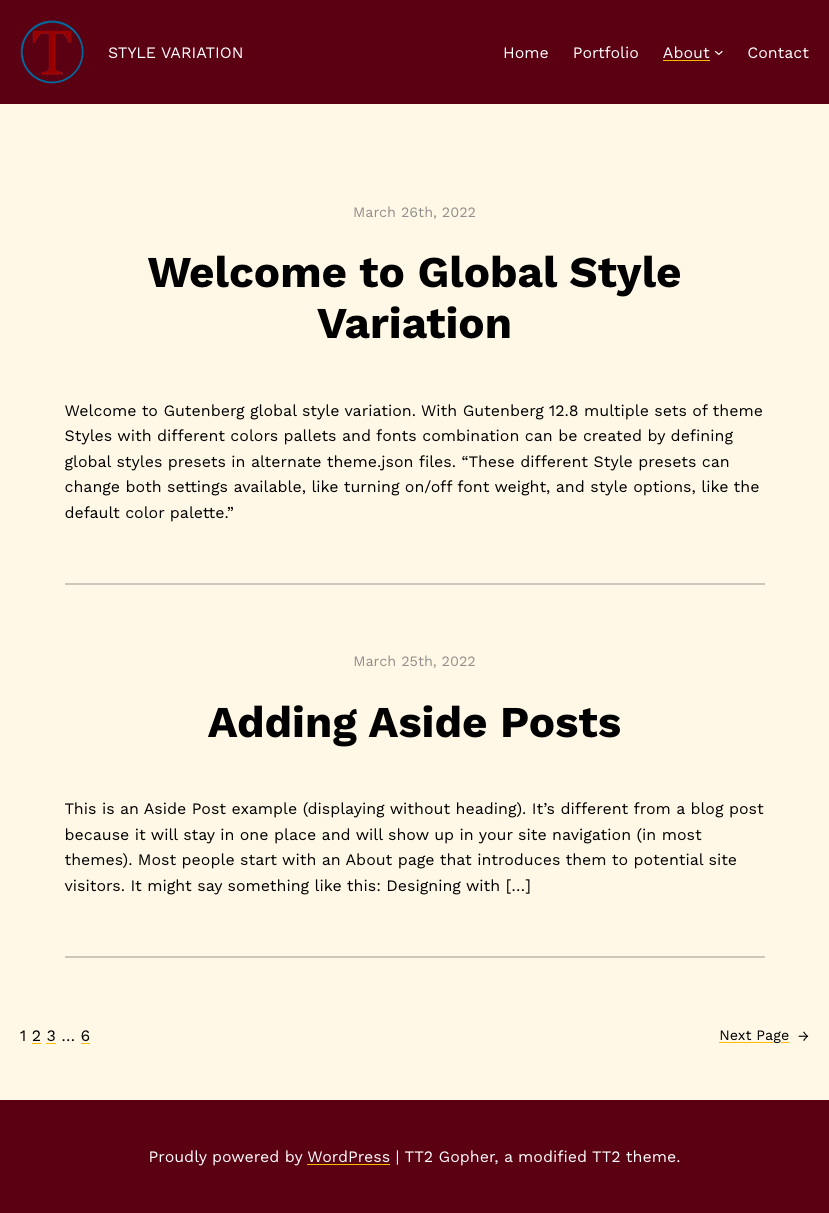 Showing the homepage we are creating with style variations in WordPress.