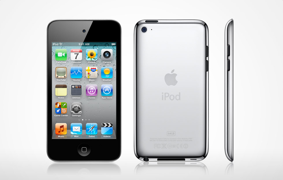 Old iPod Touch product image showing the front, back, and profile of the device with subtle reflections beneath each.