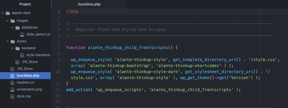 Screenshot of the Visual Studio Code UI displaying the contents of alante-dark.