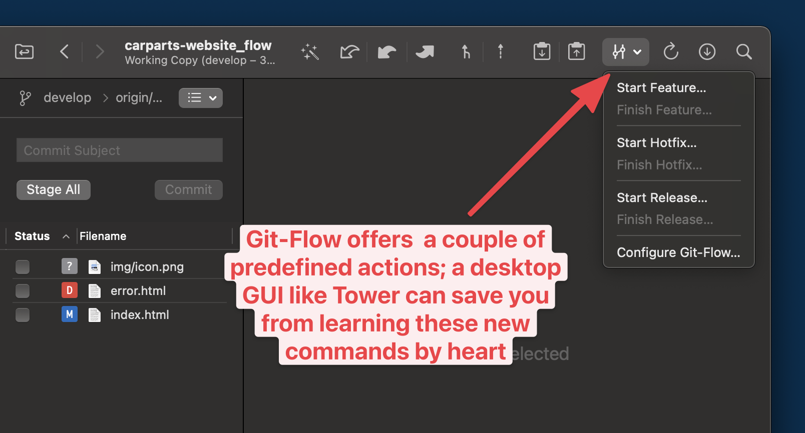 Git Flow offers a couple of predefined actions: a desktop GUI like Tower can save you from learning these new commands by heart.