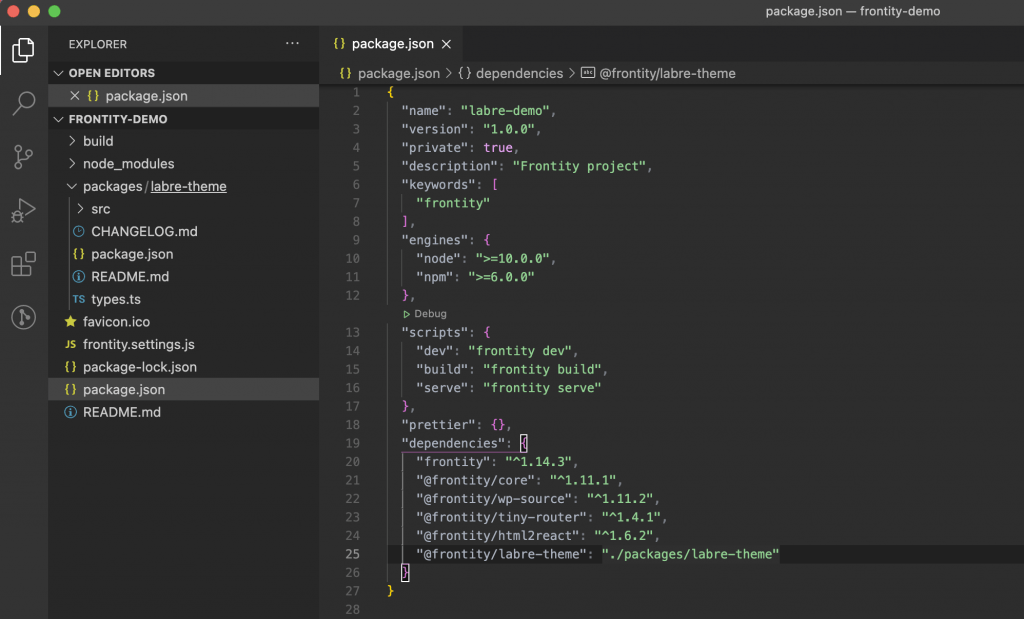 Screenshot of the package.json file open in VS Code. The left panel shows the files and the right panel displays the code.