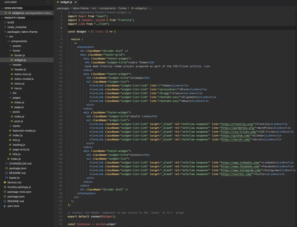 Screen shot of VS code editor open to a widget.js file that shows the syntax highlighted markup for a component.