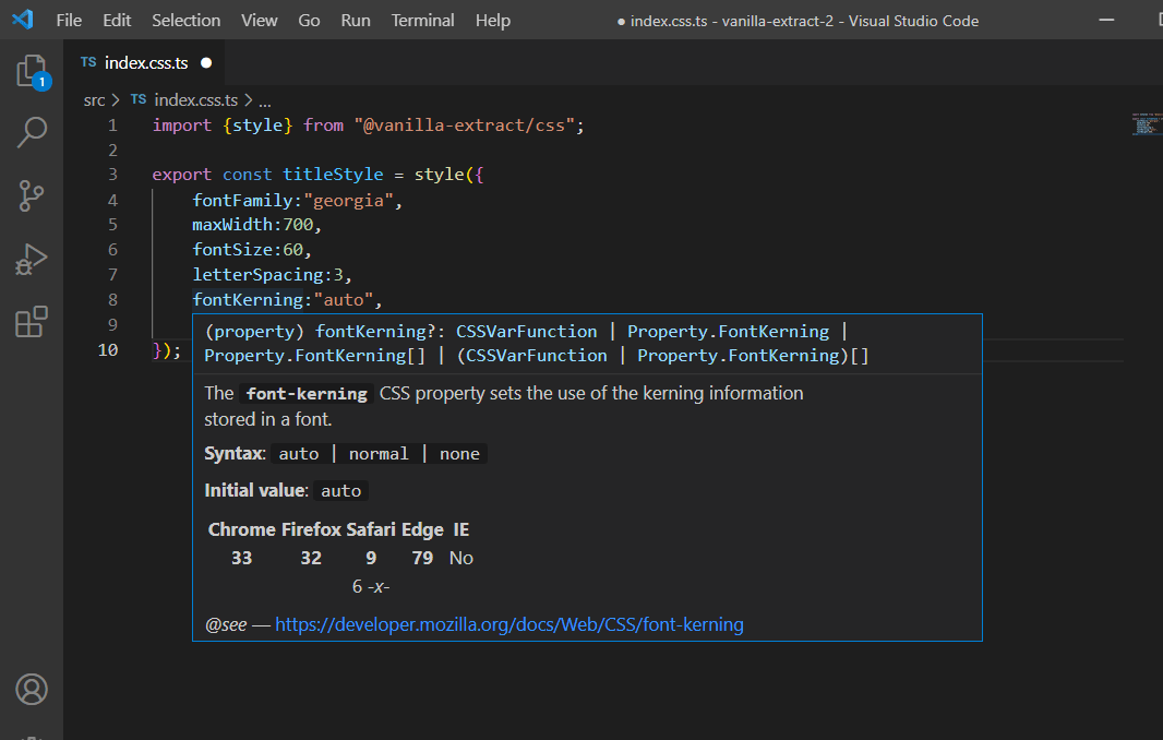 Image of VSCode with cursor hovering over fontKerning property and a pop up describing what the property does with a link to the Mozilla documentation for the property