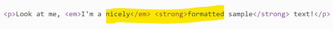 Illustration showing a line of HTML with an emphasis element and a strong element with a bright yellow highlight running through them.