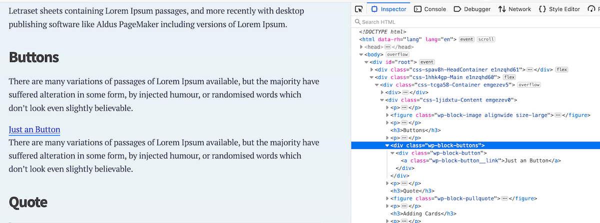 A post with DevTools open and highlighting the markup for the button component.
