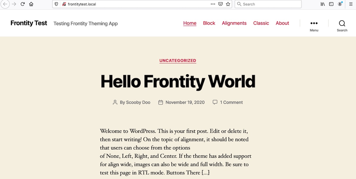 The site displayed in the default WordPress Twenty Twenty theme, with magenta colored links and a soft beige background.