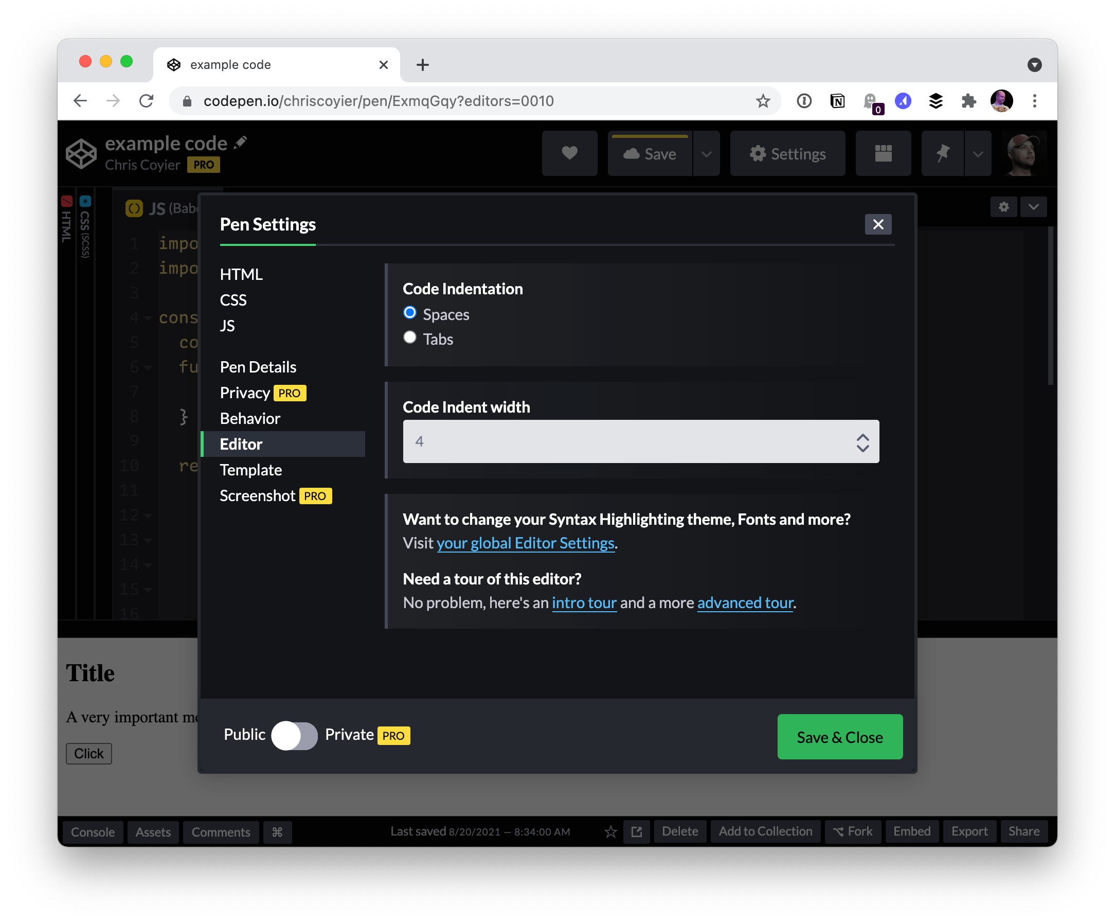 Showing the Pen Settings modal open in CodePen over a demo. the settings show code indentation options for spaces and tabs and for indentation width.