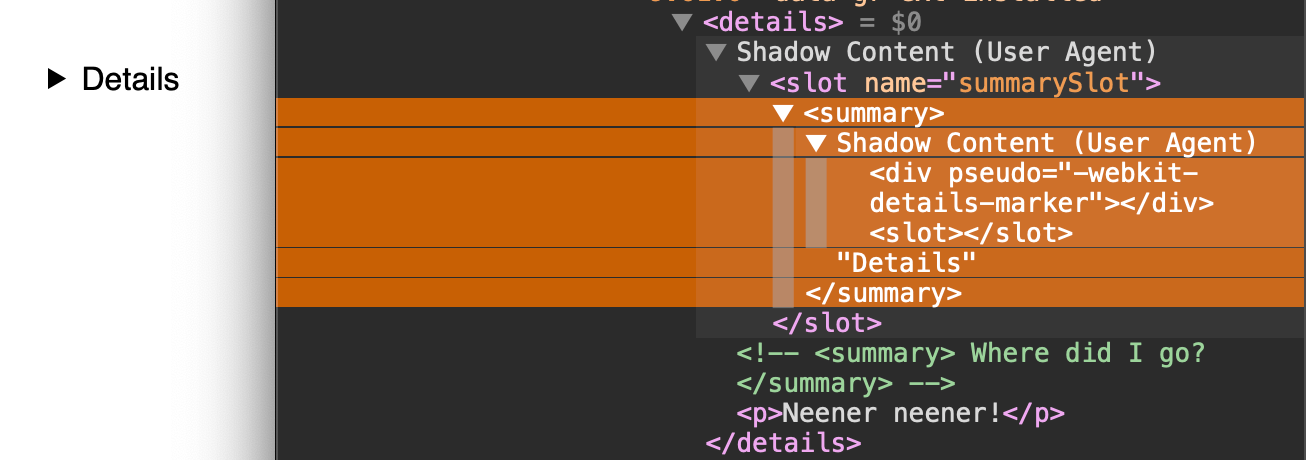 DevTools open with the summary markup highlighted in orange.