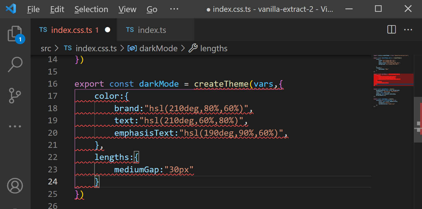 Image of VS Code where showing a theme being declared but missing the background property causing a large amount of red squiggly lines to warn that the property’s been forgotten