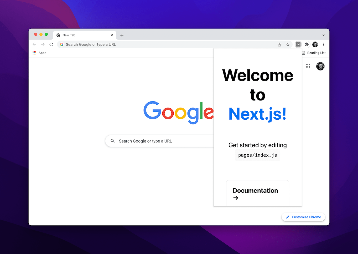 Screenshot of Chrome open to Google's homepage and a Next.js Chrome extension pop-up along the right side.
