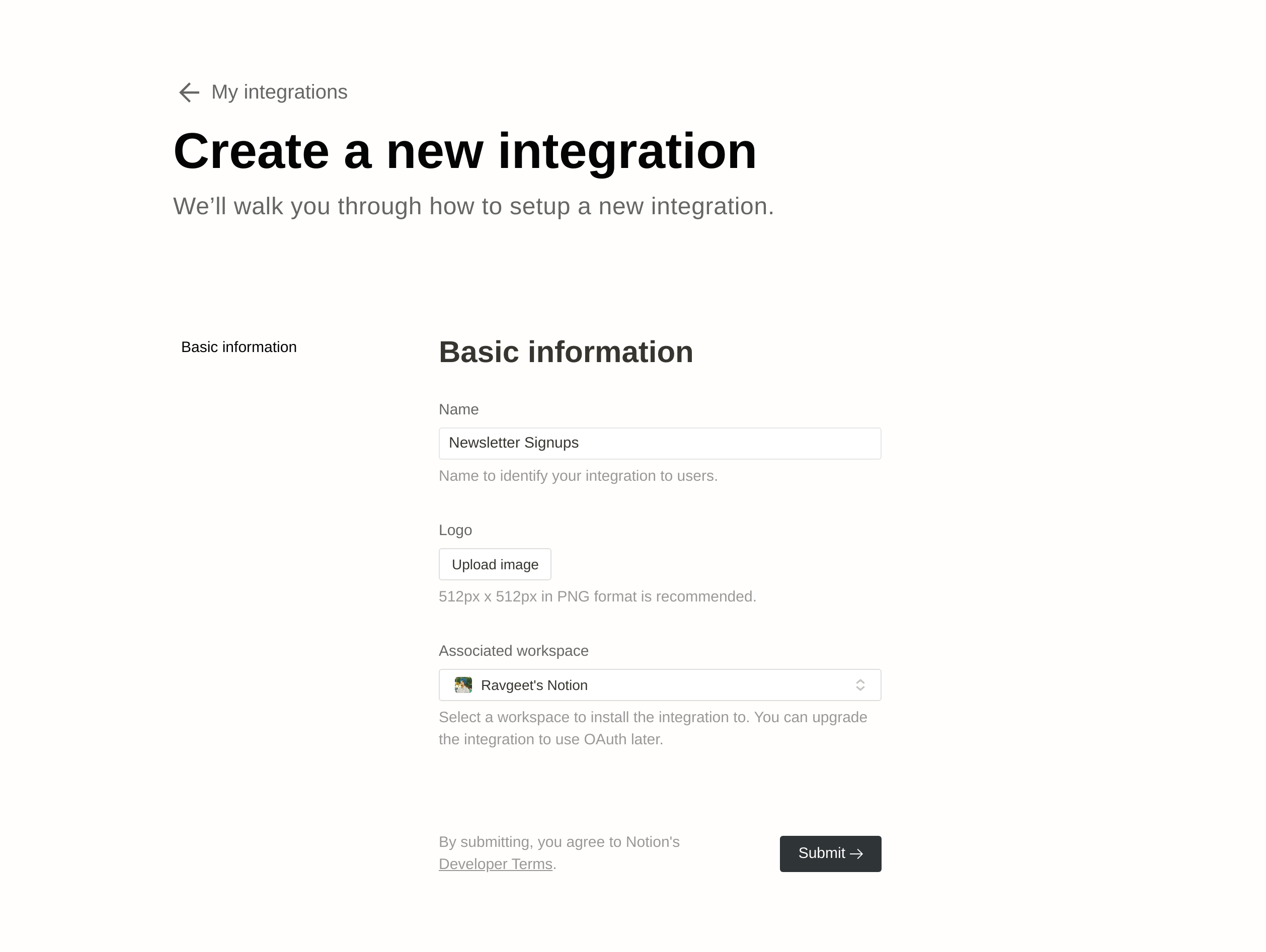A plain white webpage for Notion integrations. It has a heading that says Create a new integration with form fields for name, logo, associated workspace, and a submit button.