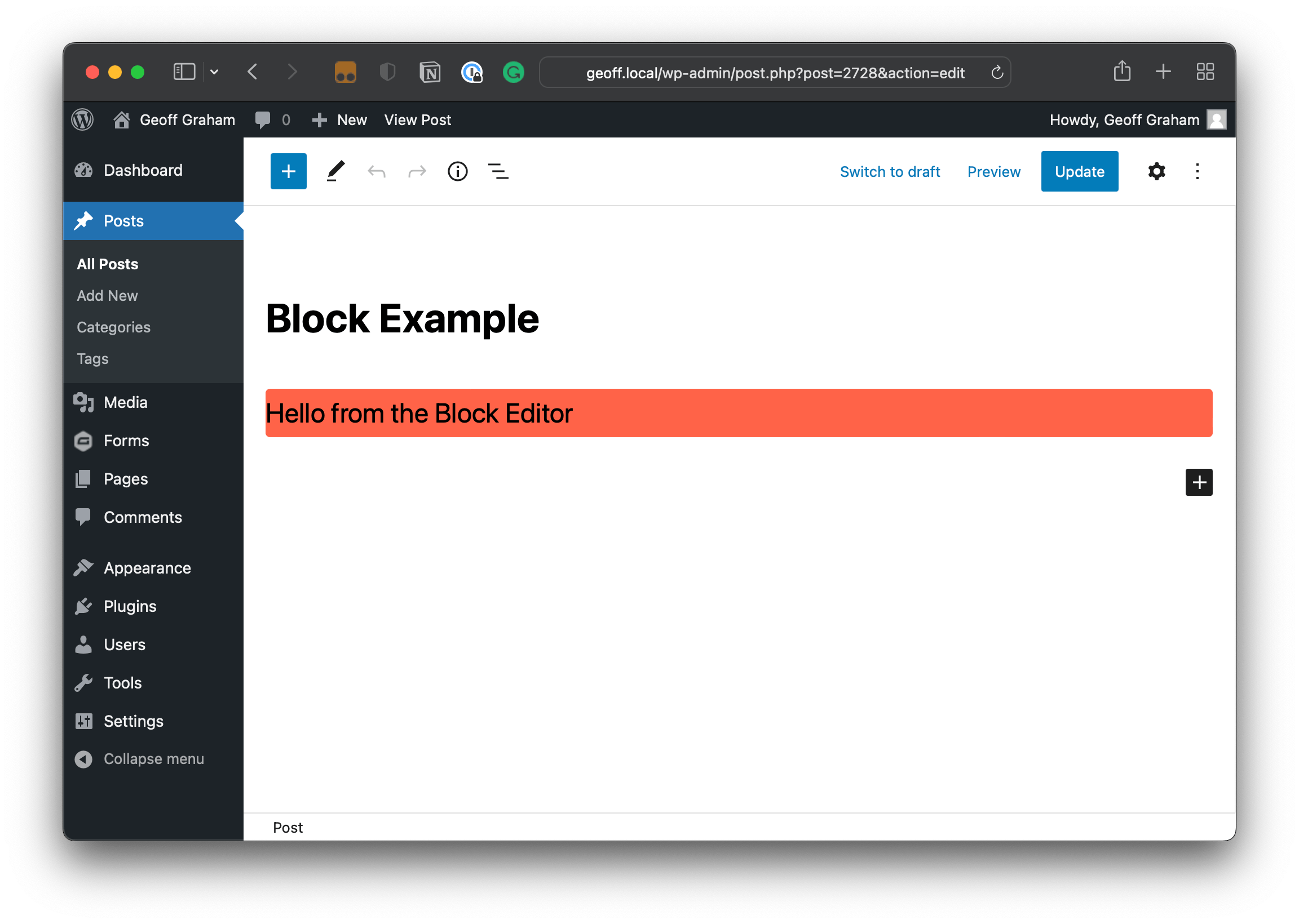 The pullquote block in the WordPress Block Editor with an applied tomoato-colored background. behind black text.