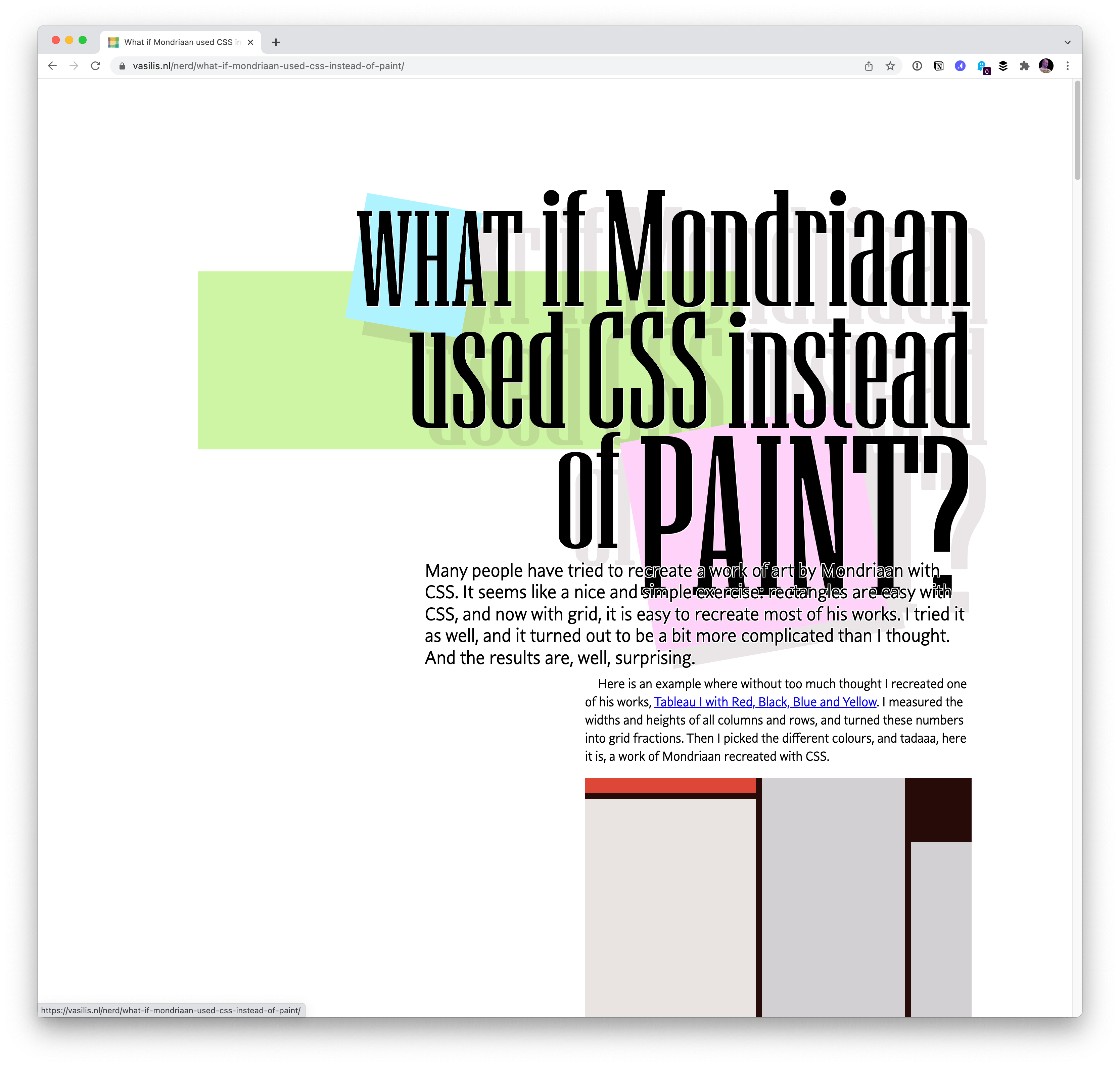 Screenshot of a webpage with a large serif font in various sizes reading What if Mondrian Used CSS instead of Paint? above two paragraphs discussing Mondrian Art in CSS.