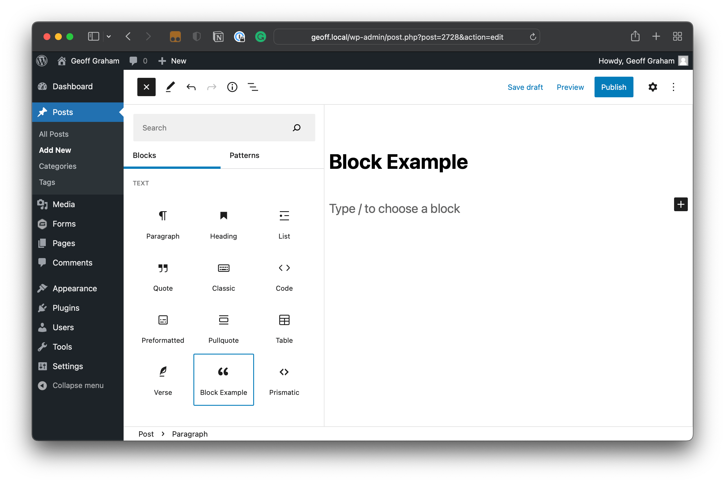 The WordPress Block Editor with the block inserter panel open and the pullquote block inserted into the content area. It reads hello from the back end.