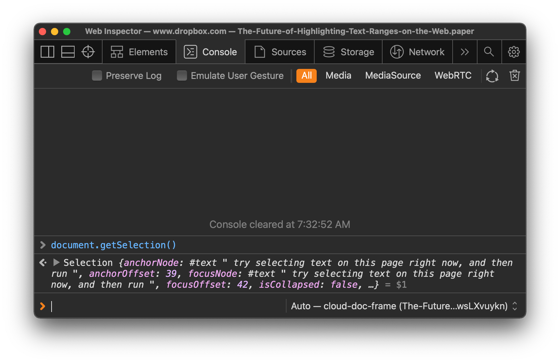 DevTools window showing the position of the current selection in the console.