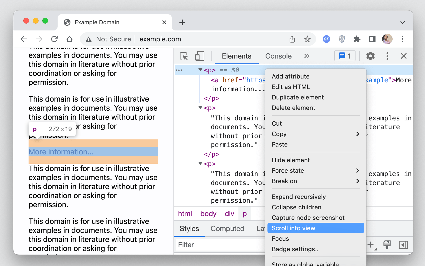 Showing a highlighted node on a webpage with a contextual menu open to scroll into view