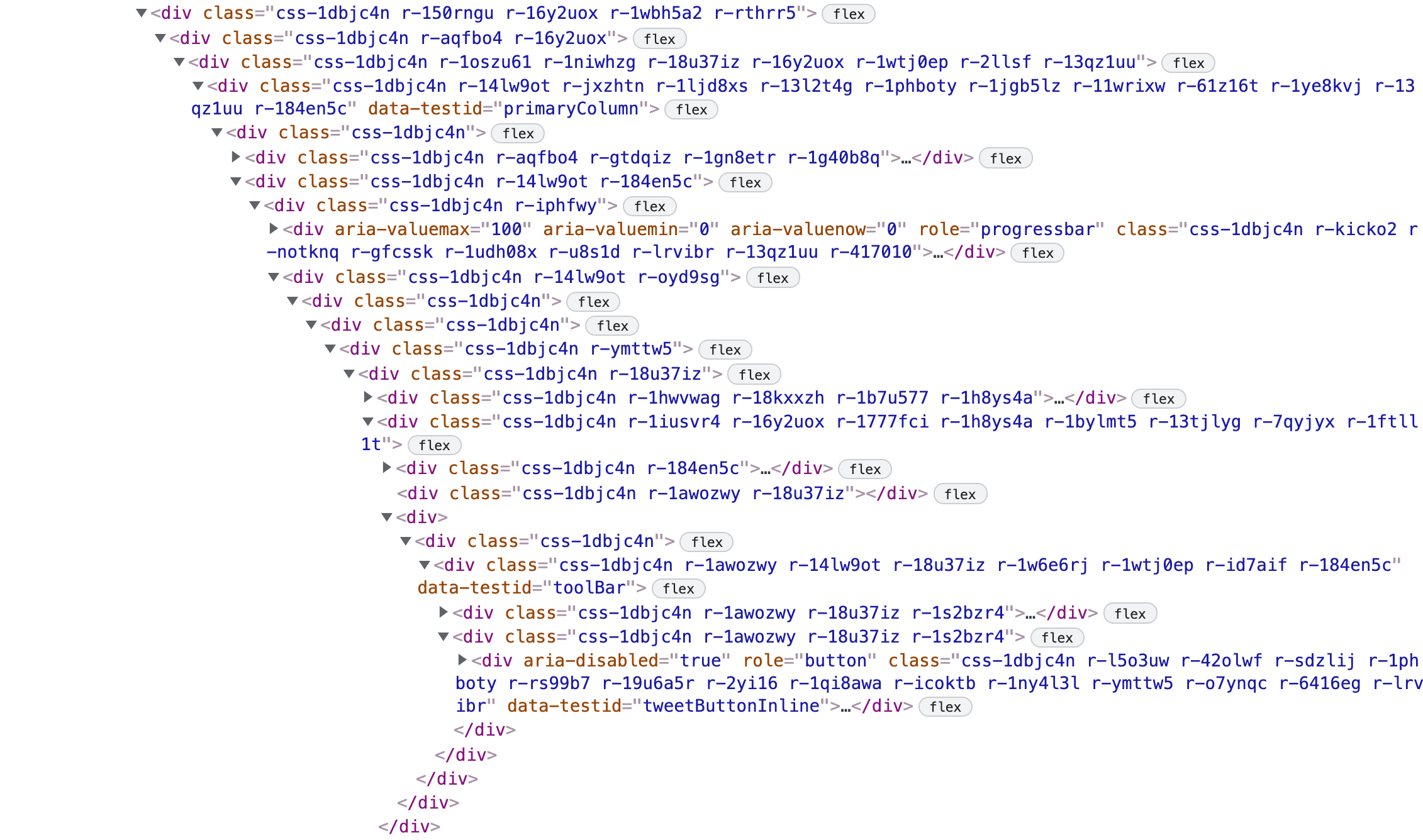 DevTools looking at the DOM on twitter.com: tons of divs with obfuscated class names.
