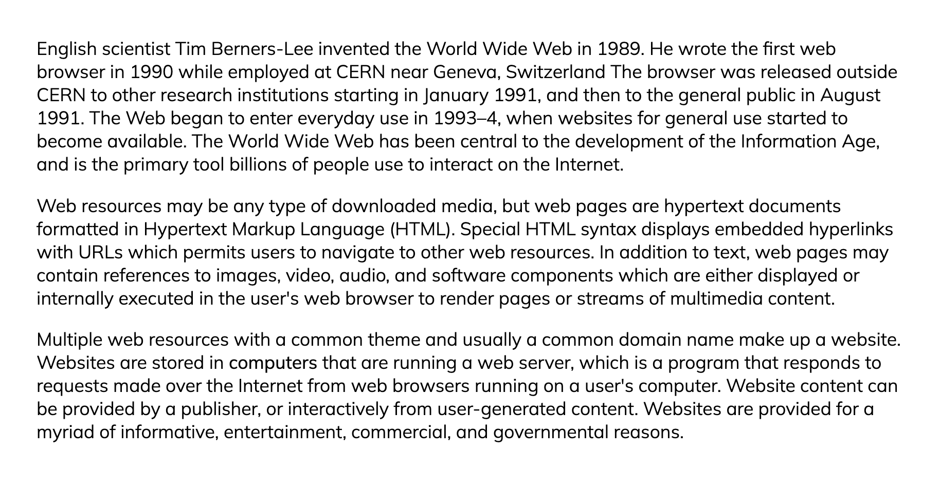 Three paragraphs of text about English scientist Tim Berners-Lee. All of the text appears to be the same font weight.
