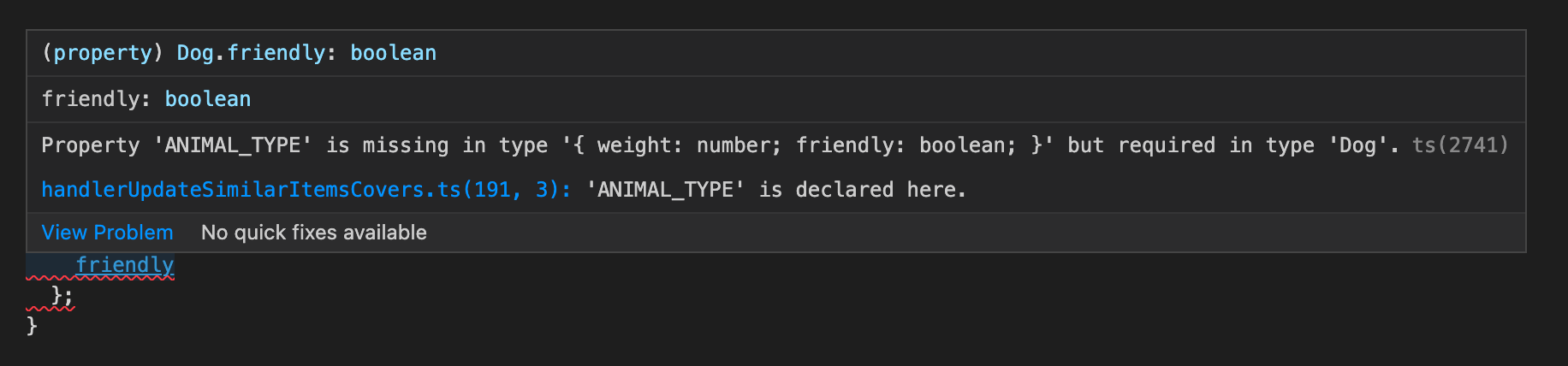 Screenshot of TypeScript displaying a warning in the code editor as a result of not providing a single value for the ANIMAL_TYPE property.