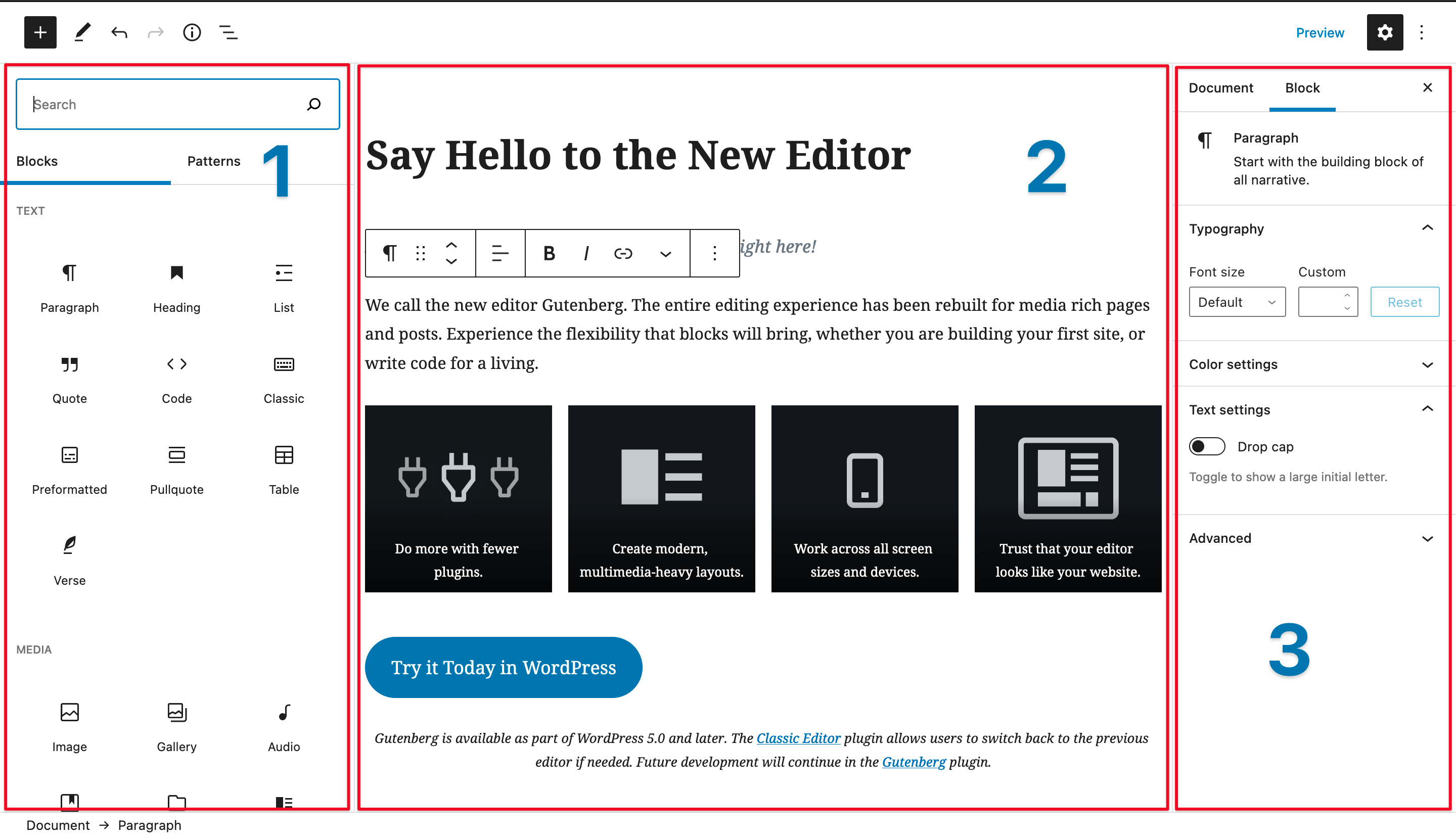 The WordPress Block Editor interface with highlighted areas showing three key features.