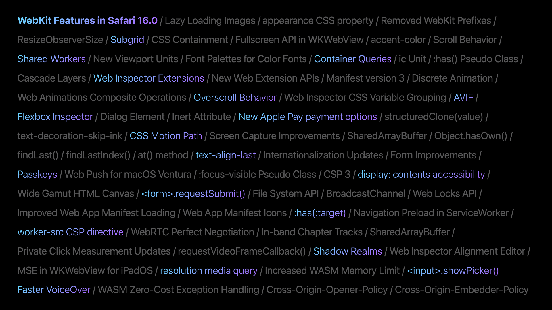 A list of new WebKit features.