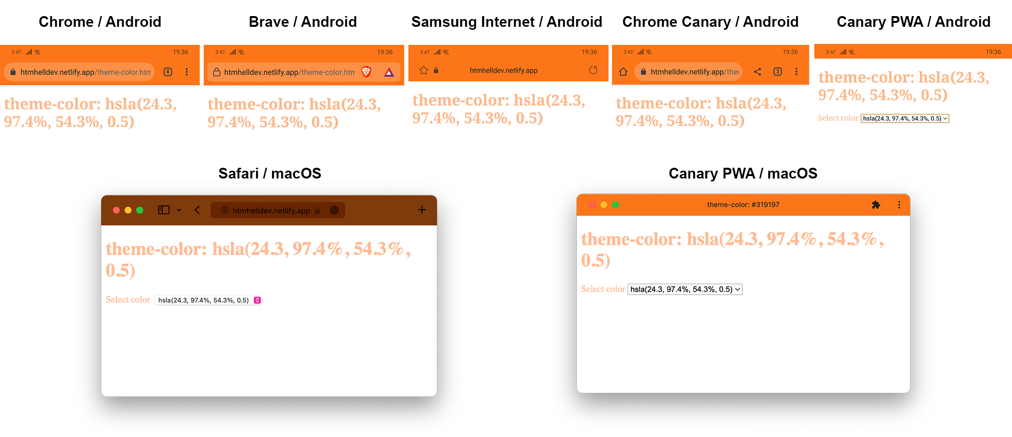 Same browser comparison but all with orange headers, except Safari which is a darker brown.