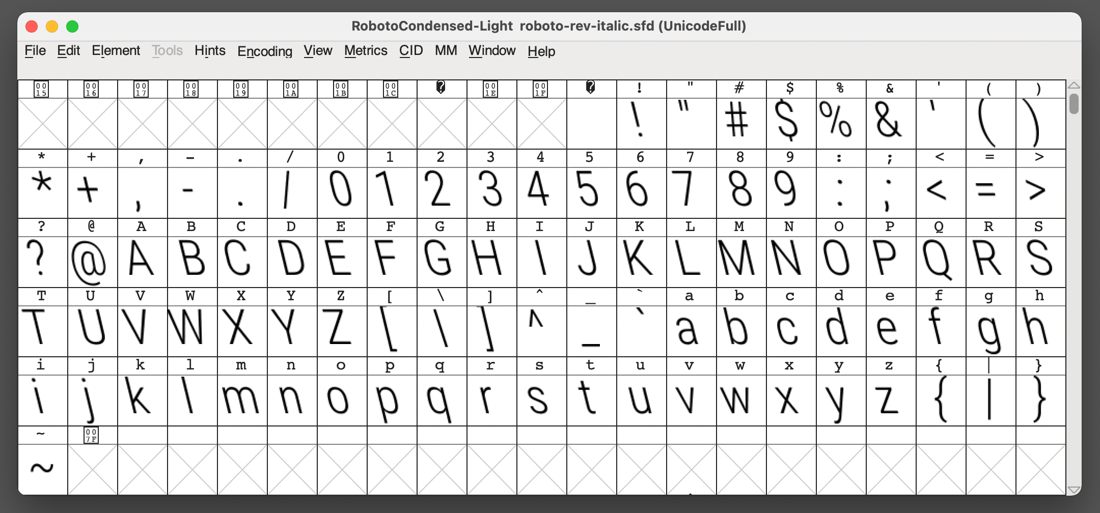 A screenshot of FontForge displaying glyphs from the Roboto font file in square tiles. The letters and symbols are slanted toward the left, opposite of a normal italic font style.