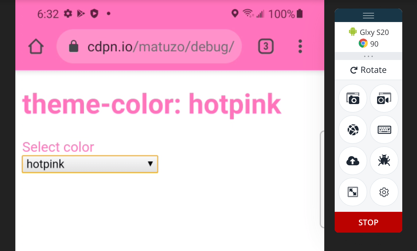Blank webpage with a hot pink header. There are controls to the right of the webpage for browser testing.