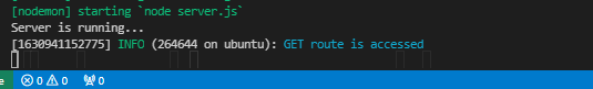A black terminal window that shows the node server starting in green, a note that the server is running, and a timestamp for when the GET route is accessed.