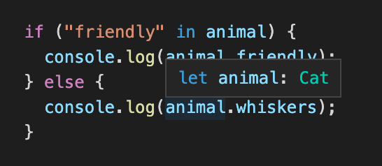 Showing a tooltip open on top of a a TypeScript discriminated union example that shows `let animal: Cat`.