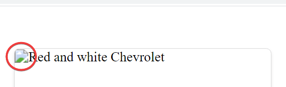 A broken image icon with alt text that says Red and white Chevrolet.