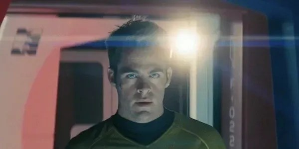 An example of the CSS lens flare we are making, showing a flare to the right of an actor in a still from the 2009 Star Trek movie