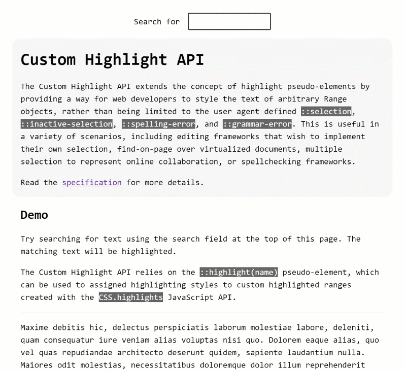 Animation screenshot of the CSS Custom Highlight API demo.