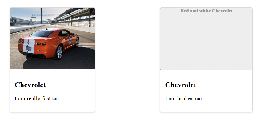 Two card elements, both with a large image, a title, and a description. The card on the left has a red Chevrolet Camaro image. The card on the right shows alt text centered in a gray placeholder area that says Red and white Chevrolet.