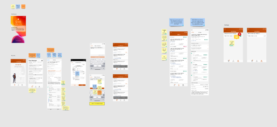 Screenshot of mockup screens in Miro with notes attached to various areas of the screens. There are 13 total screens, each with different layouts and content.