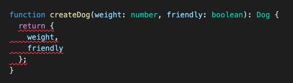 Showing the TypeScript discriminated union for a createDog function that returns weight and friendly properties.